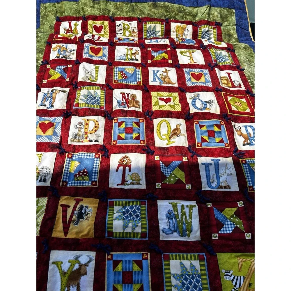Handmade Pieced Alphabet Baby Quilt Blanket 40x54 Hand Tied ABC Red Nursery